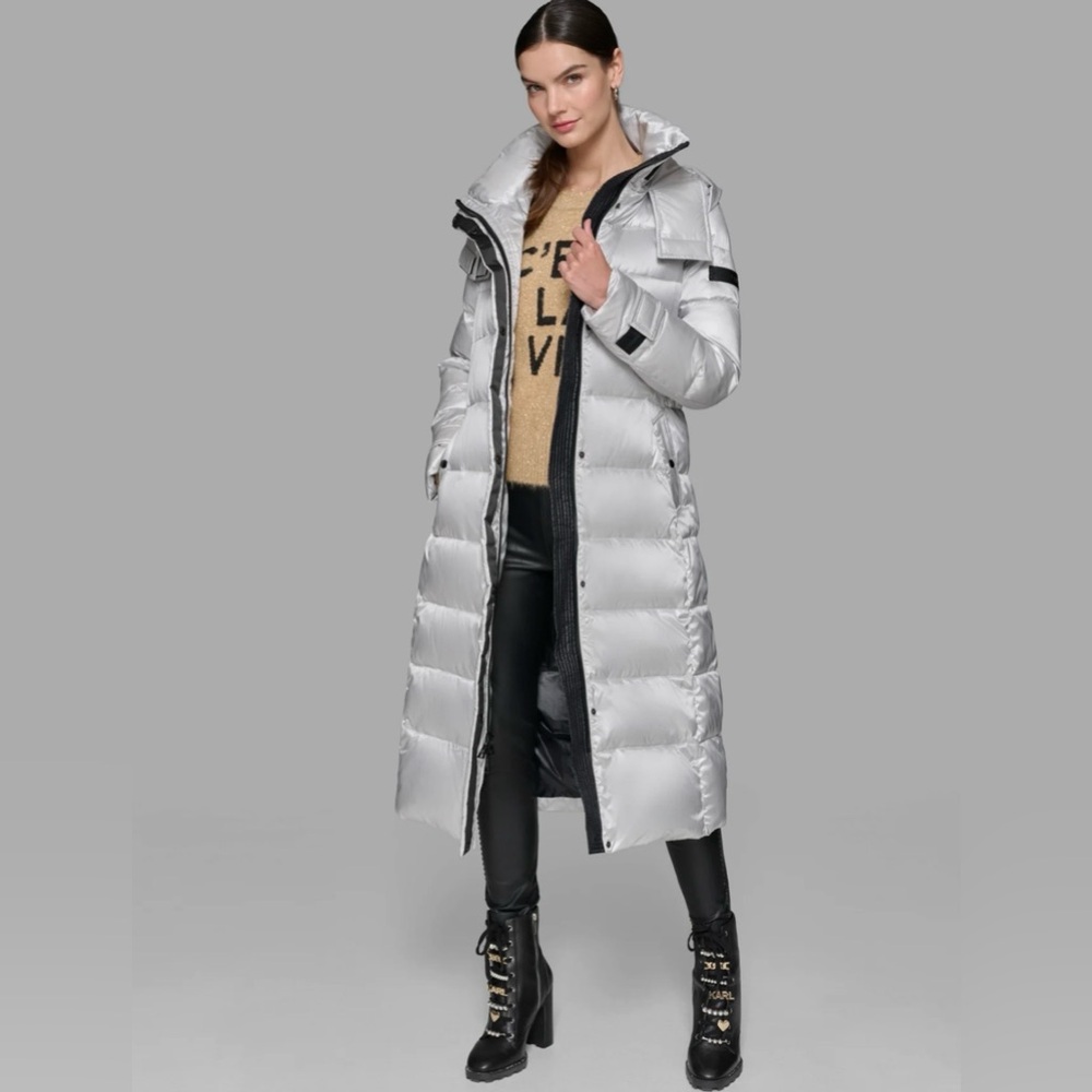 Karl Lagerfeld Silver Long Puffer Coat